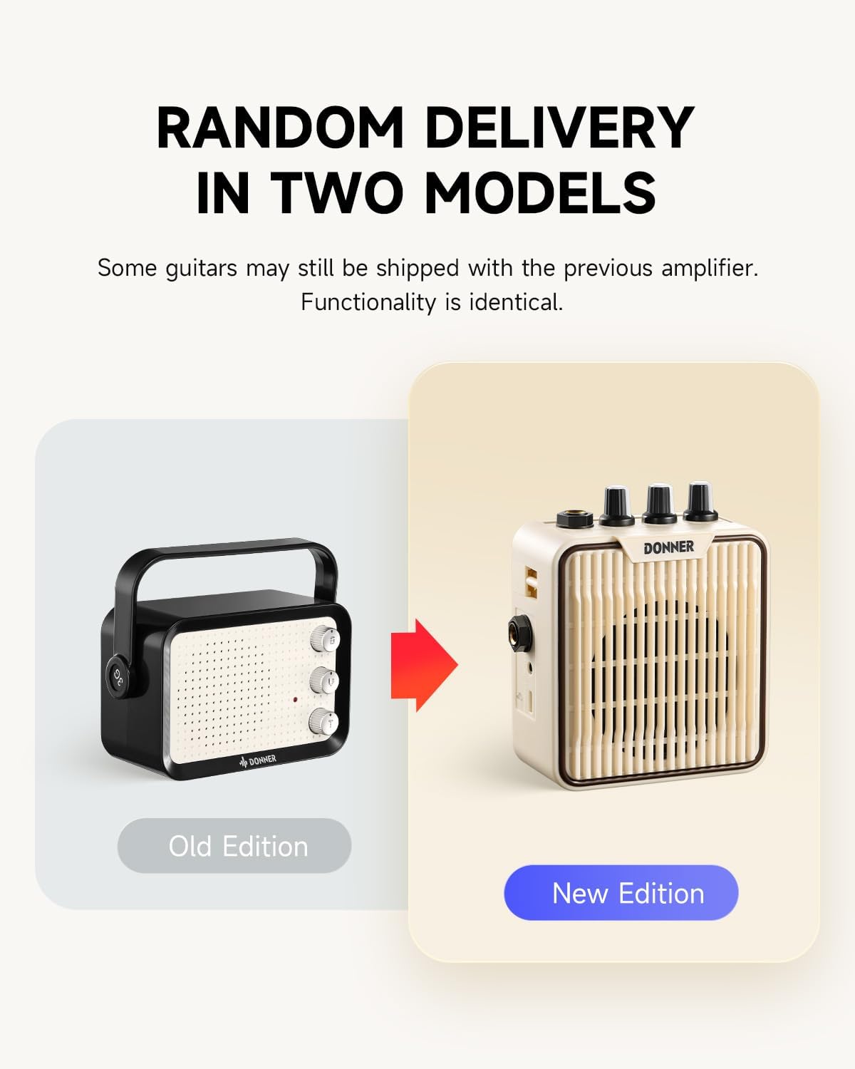Comparação entre amplificador antigo preto e novo creme do kit guitarra elétrica Donner.