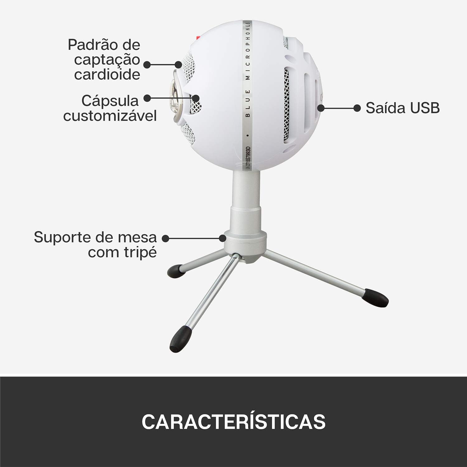 Detalhes do microfone Blue Snowball iCE com padrão cardioide, cápsula customizável, USB e suporte tripé