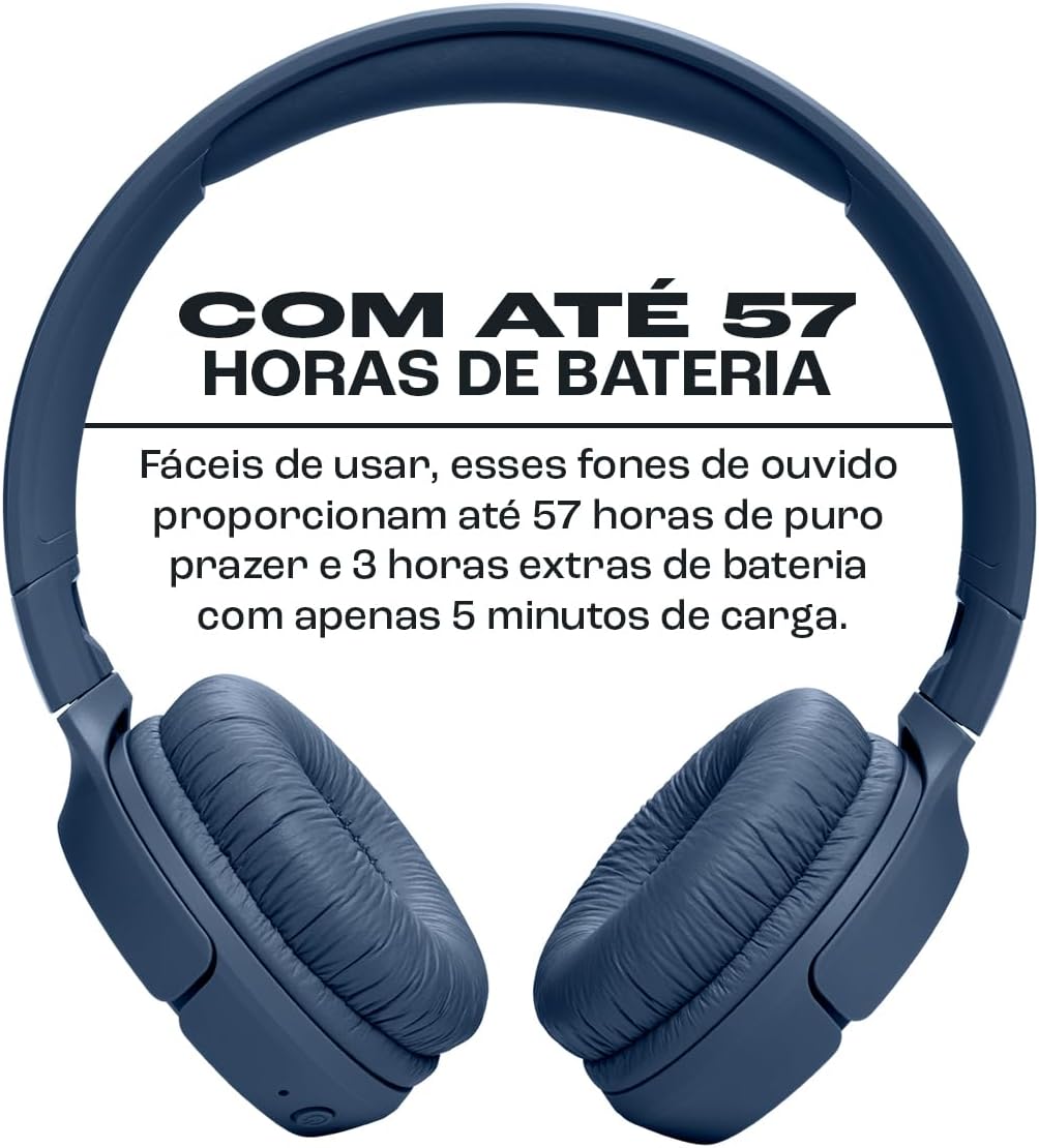 JBL Tune 520BT fone de ouvido azul com até 57 horas de bateria e carga rápida.