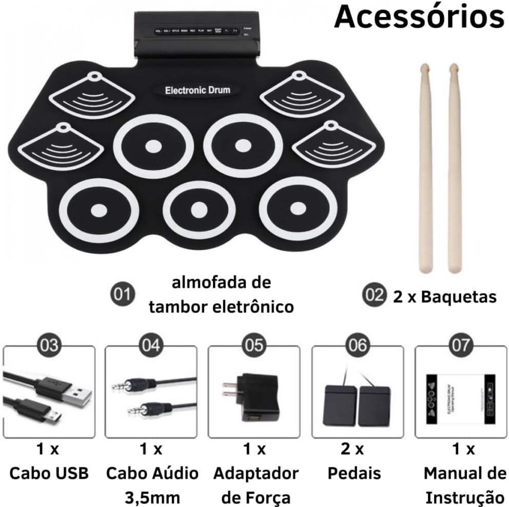 Acessórios da bateria eletrônica Skyfy Shop: baquetas, cabos, pedais, adaptador e manual.