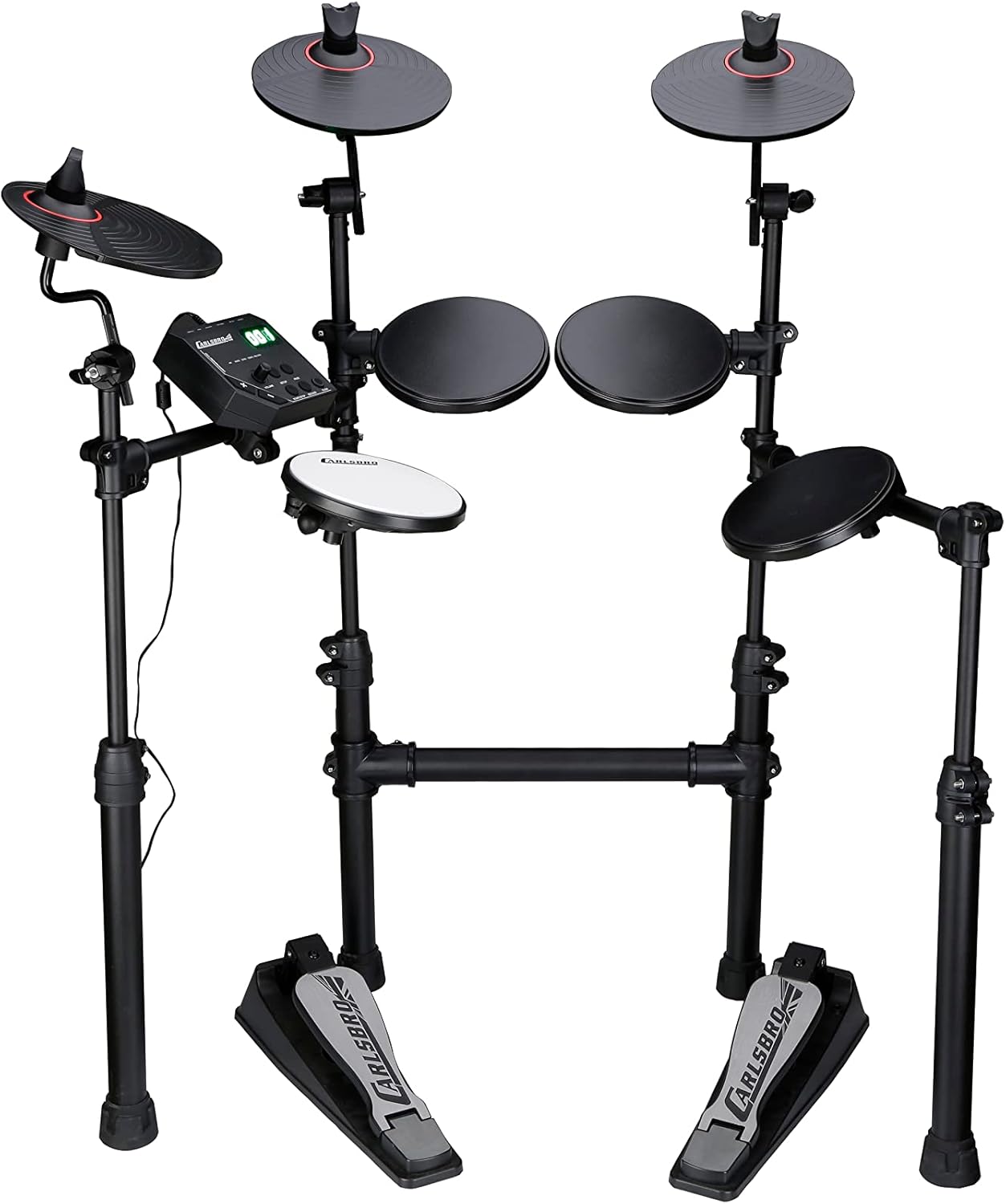 Bateria eletrônica Carlsbro CSD100BP1 com 4 pads, 3 pratos, 2 pedais e módulo de controle, estrutura preta.