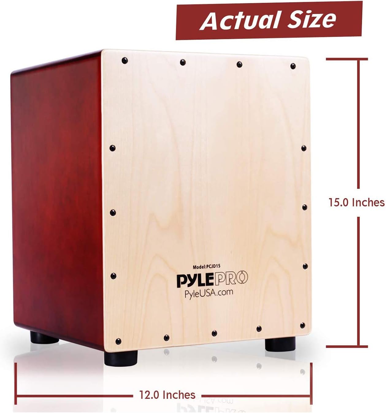 Cajon Pyle CJD15 com dimensões exatas 15x12 polegadas madeira vermelha e pés antivibração