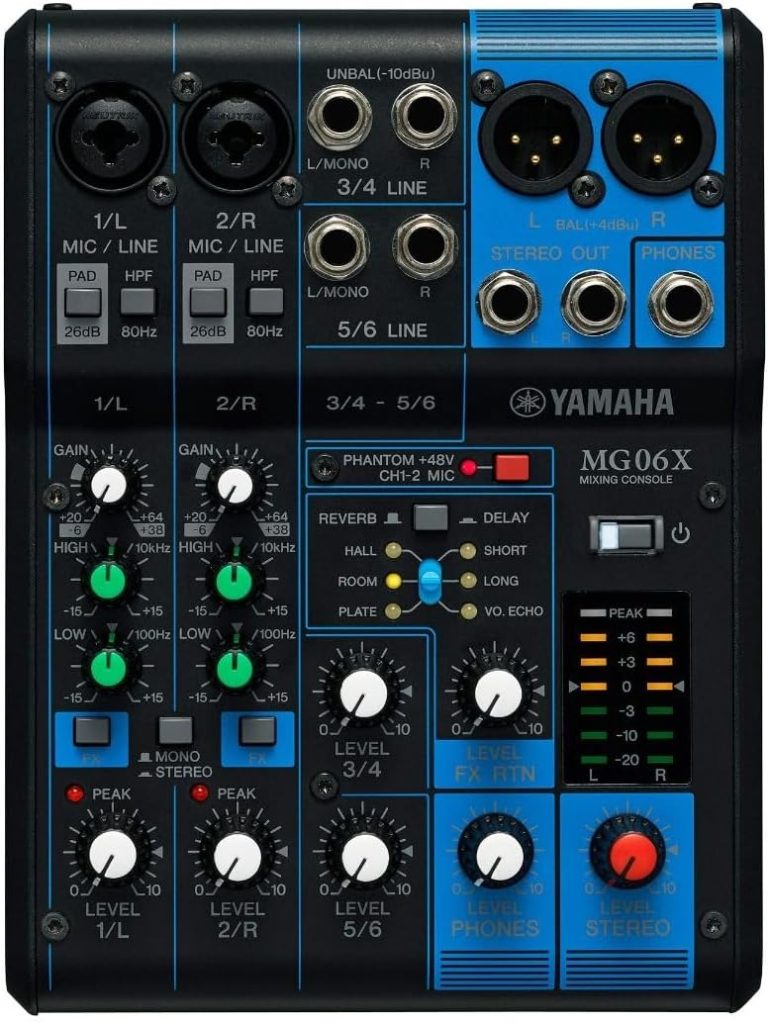 Mesa de som Yamaha MG06X com 6 entradas, controles de ganho, equalização, efeitos reverb e delay, botão phantom power e medidor LED.