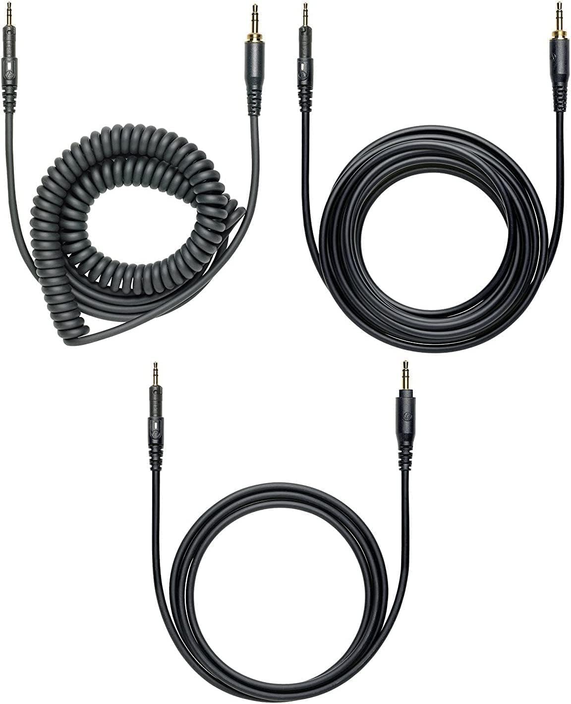 Três cabos pretos para fone de ouvido Audio-Technica ATH-M50x, espiralado e retos.
