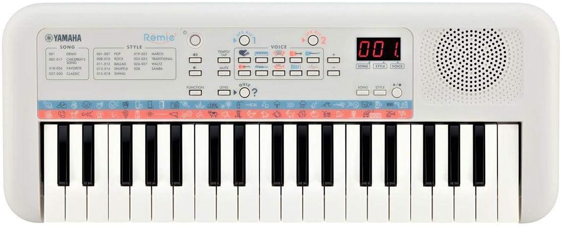 Teclado infantil portátil Yamaha PSS-E30 com 37 teclas, painel de controle e alto-falante integrado.
