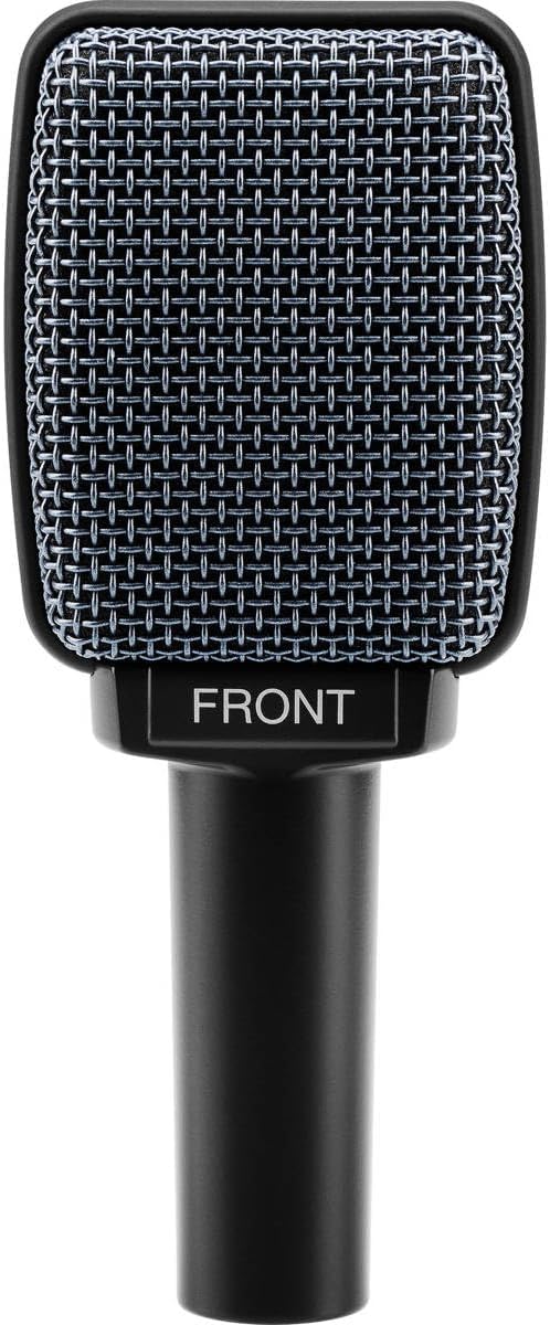 Sennheiser E906 microfone dinâmico supercardioide preto com grade metálica quadrada e texto 'FRONT'