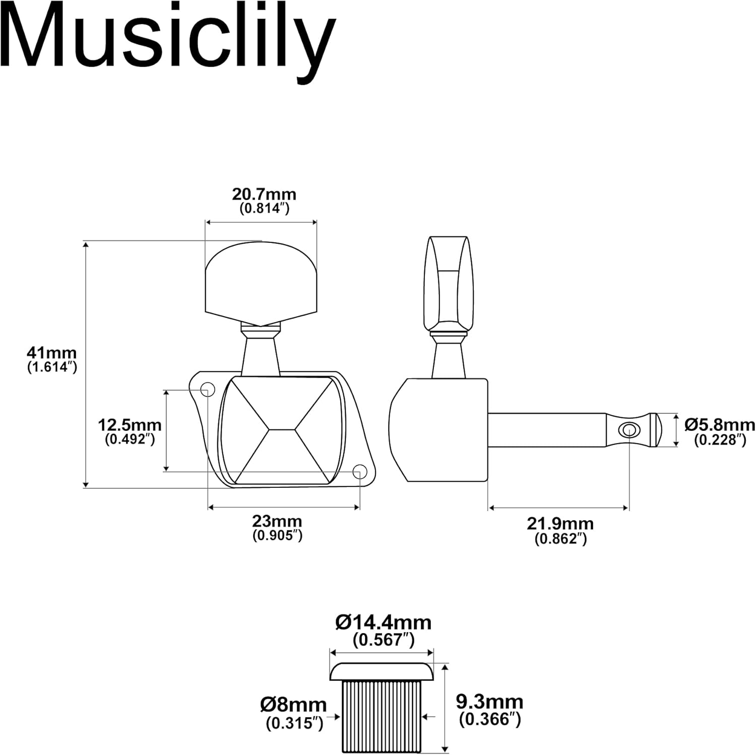 Desenho técnico com medidas precisas de tarraxa Musiclily 3+3 para guitarra e violão