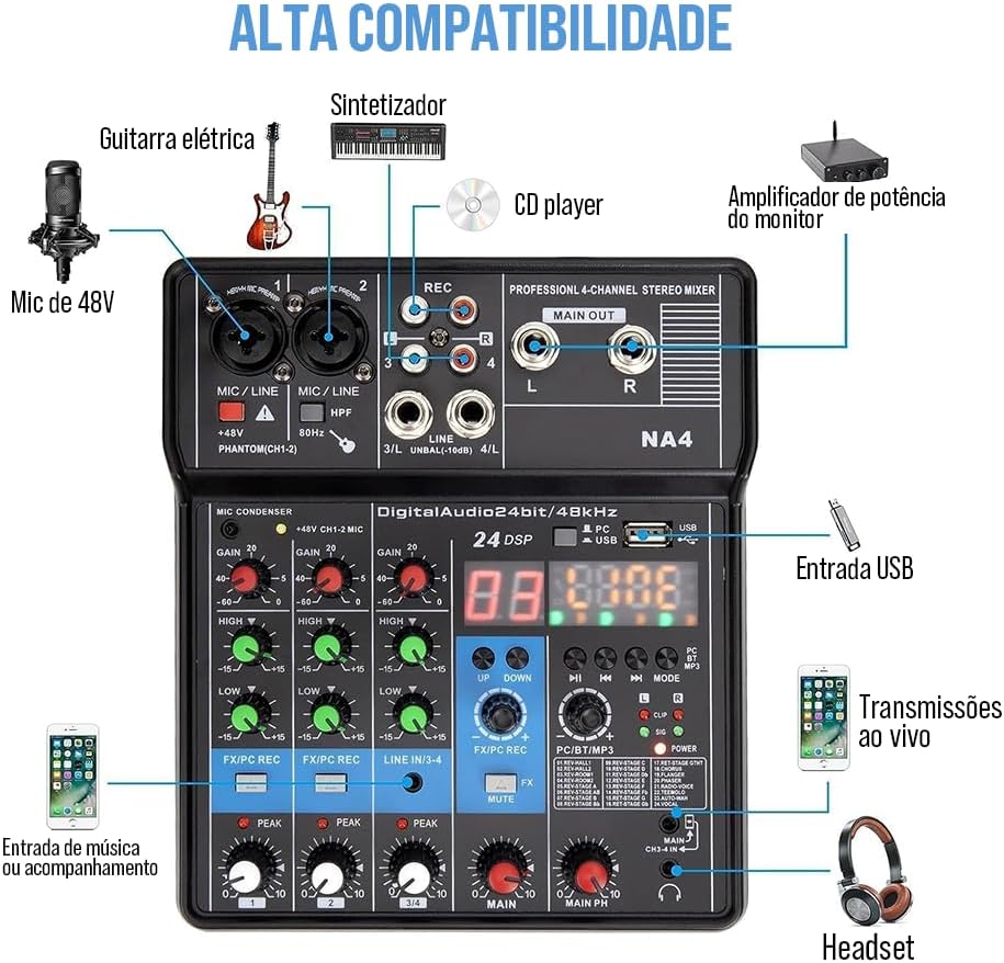 Mixer TEYUN NA4 compatível com mic 48V, guitarra, sintetizador, CD, USB, transmissão ao vivo e headset