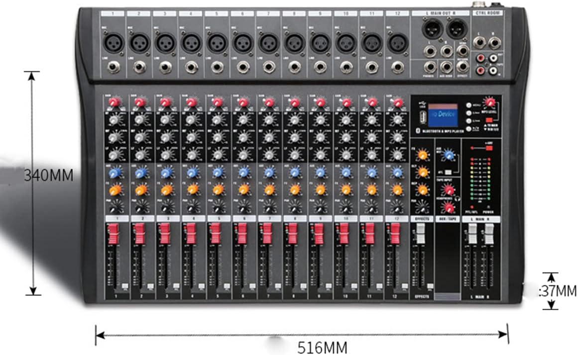 Mesa de som GMRGB 12 canais com dimensões 516x340x37 mm, vista superior frontal do mixer profissional