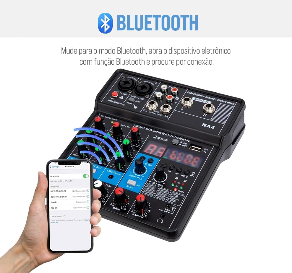 Mixer TEYUN NA4 com conexão Bluetooth para áudio sem fio via smartphone