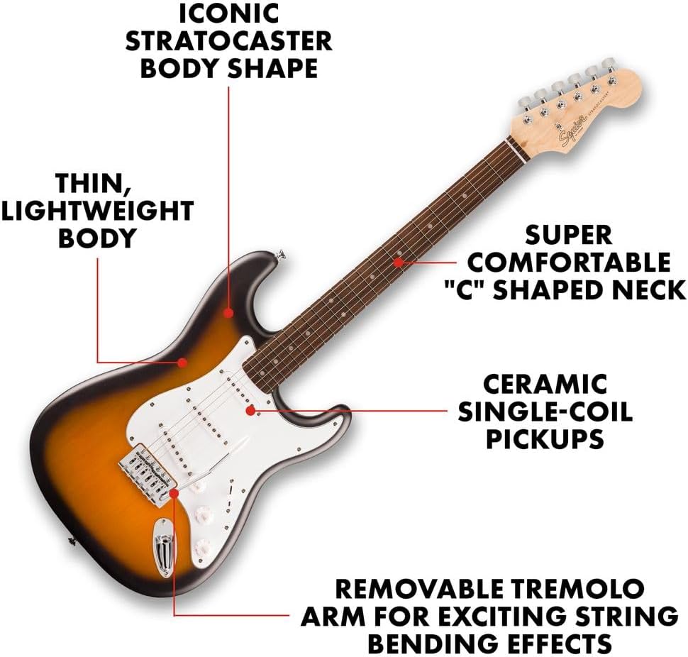 Atributos da guitarra Fender Squier Debut Series Stratocaster como corpo leve, captadores cerâmicos e braço confortável