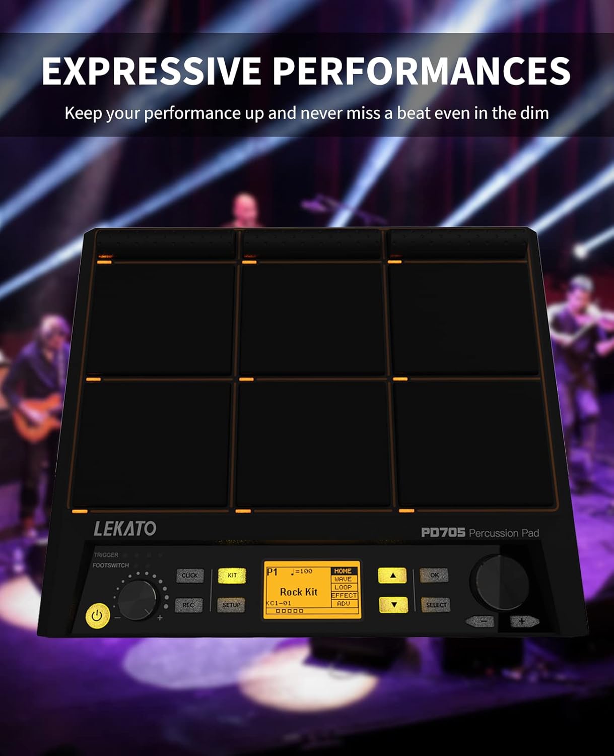 Bateria eletrônica LEKATO PD705 destacada em palco, enfatizando performance expressiva e sensibilidade