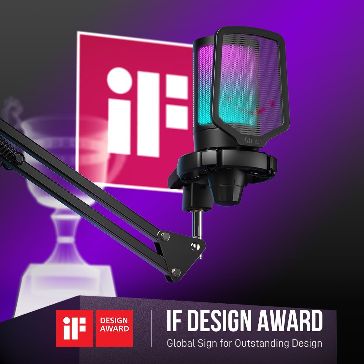 Microfone FIFINE A6T com iluminação RGB e prêmio iF Design Award, braço articulado e pop filter