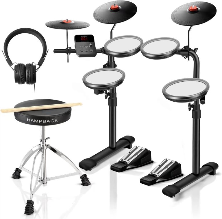 Bateria eletrônica HAMPBACK MK-0 com 4 pads de malha preta, pratos eletrônicos, pedal duplo, banco e fones de ouvido pretos.