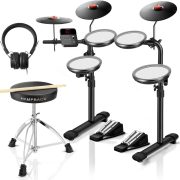 Bateria eletrônica HAMPBACK MK-0 com 4 pads de malha, pratos, pedais, banco e fones de ouvido pretos.