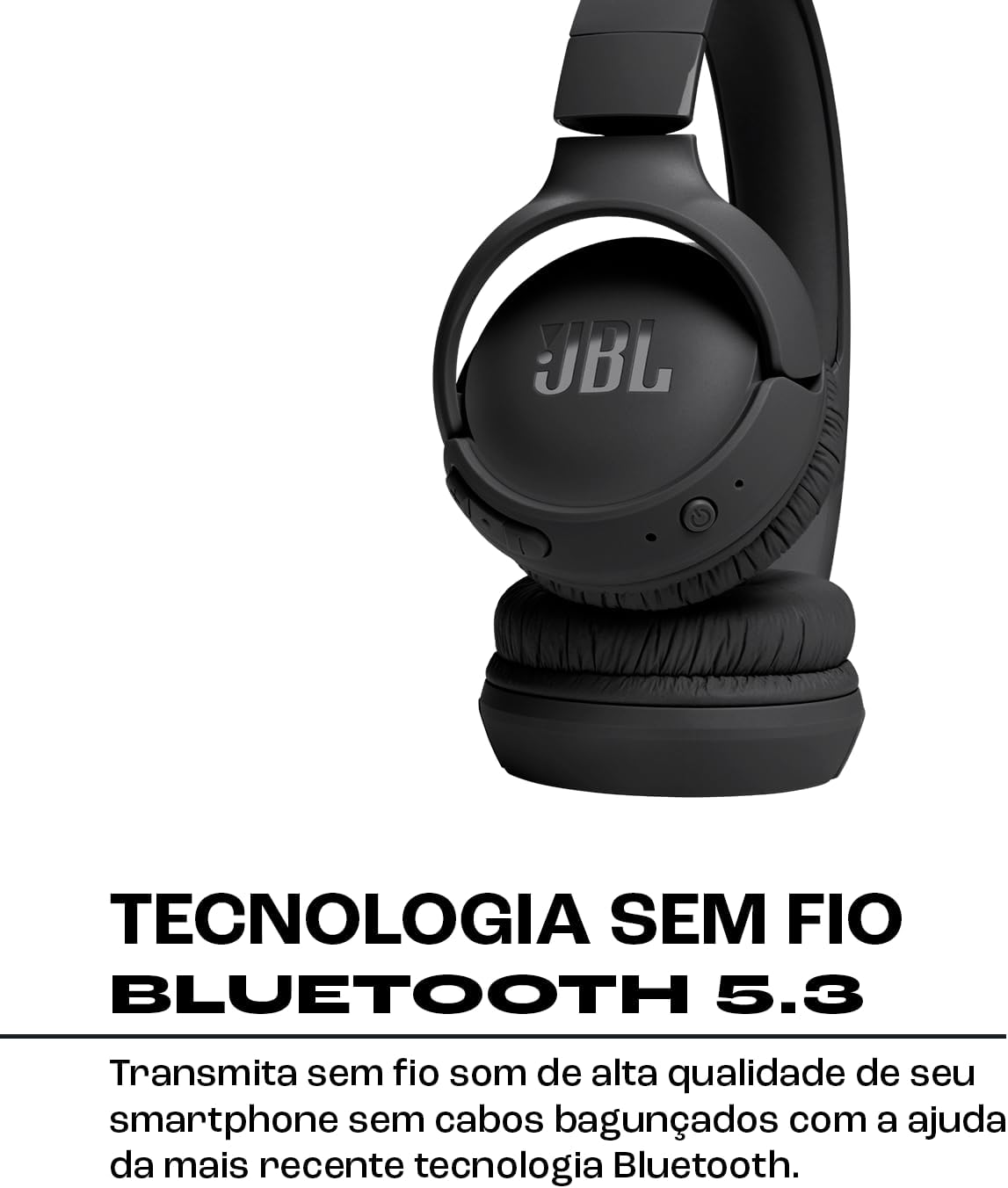 Fone JBL Tune 520BT preto com tecnologia Bluetooth 5.3 para transmissão sem fio de alta qualidade