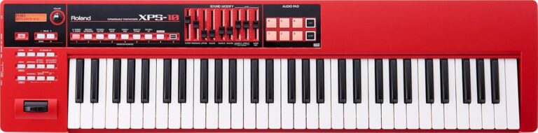 Teclado sintetizador vermelho Roland XPS-10-RD vista superior com teclas e controles.