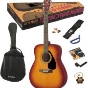 Violão Yamaha F310P Tobacco Brown Sunburst com capa, palhetas, afinador, chave de afinação, cordas reserva e alça preta.