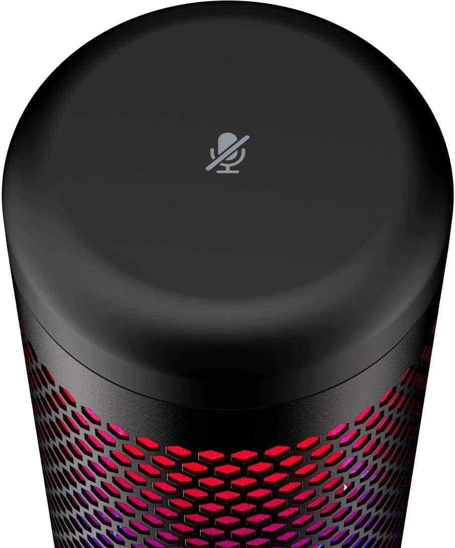 Detalhe do botão touch para silenciar microfone no topo do HyperX QuadCast S com iluminação RGB.