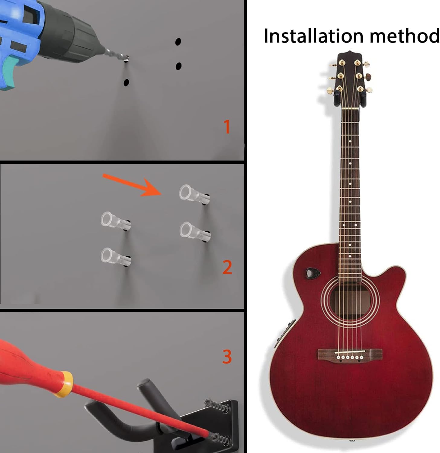 Instruções de instalação do suporte de parede para guitarra com gancho duplo preto