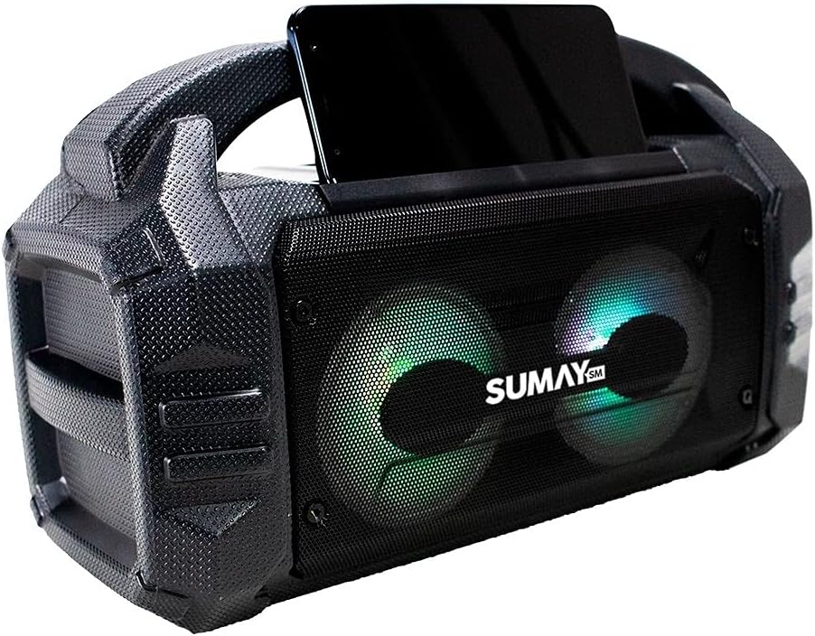 Caixa de som portátil Sumay SM-CSP1304 preta com LED verde e azul e suporte para smartphone