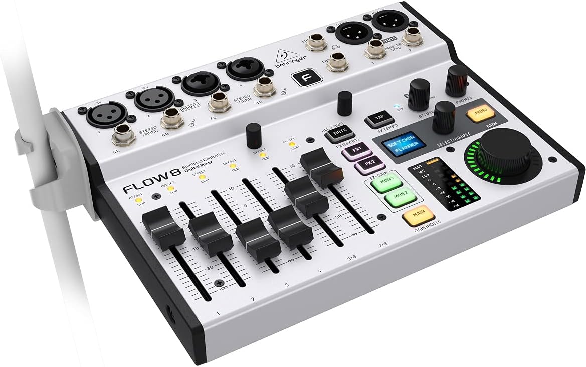 Conexões traseiras e painel de controle da mesa de som digital Behringer Flow 8 com entradas XLR, P10 e saídas.