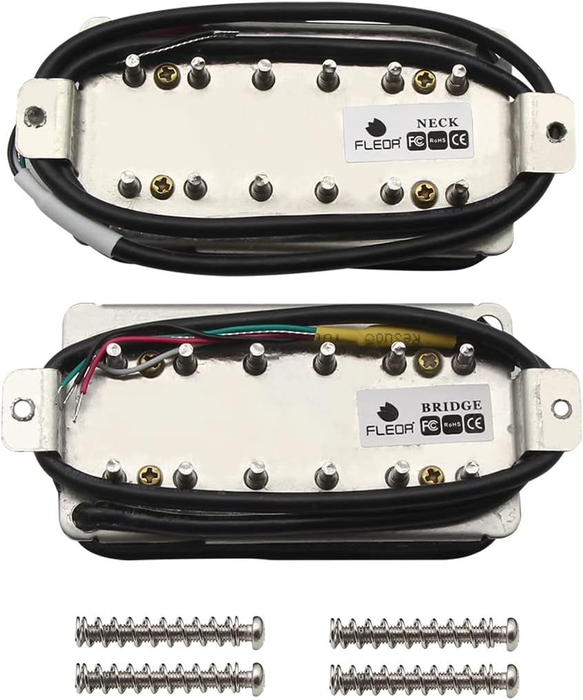 Parte traseira dos captadores Humbucker FLEOR para violão elétrico com etiquetas NECK e BRIDGE e parafusos
