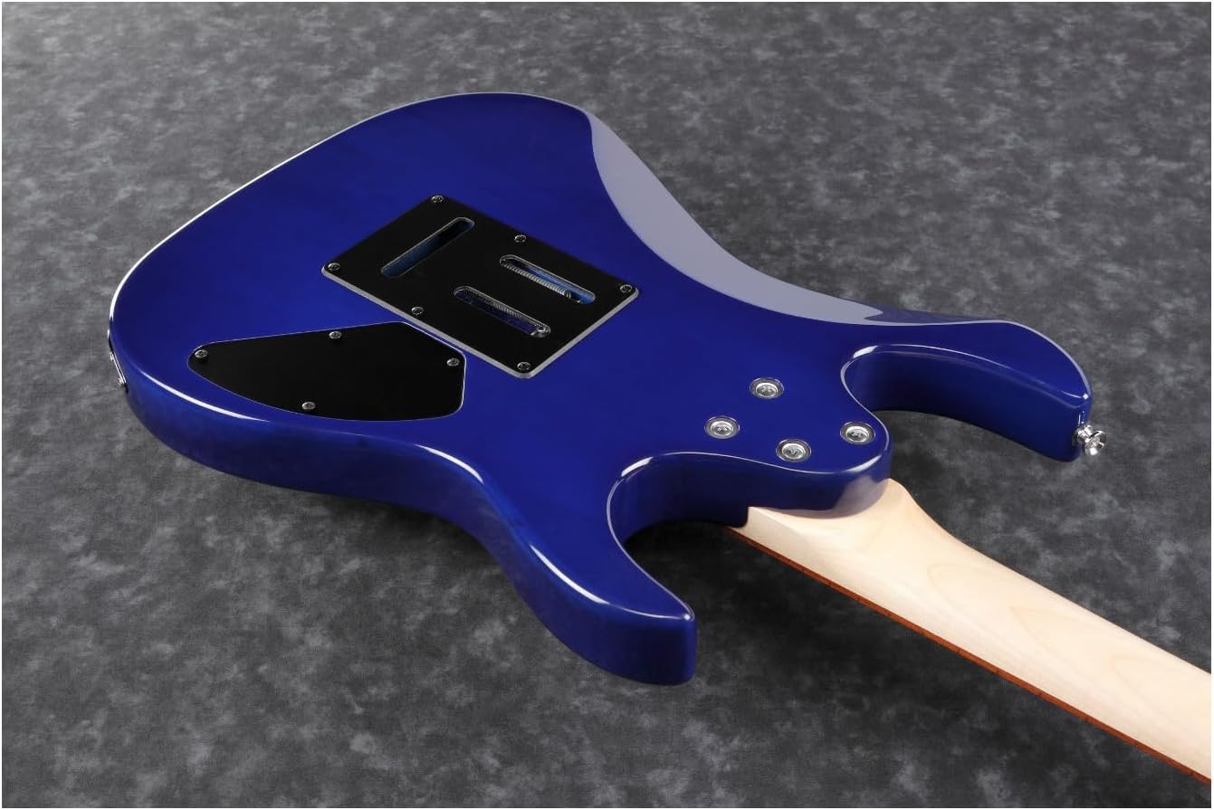 Parte traseira da guitarra elétrica canhota Ibanez Gio GRX70QAL azul explosão transparente com corpo sólido e acabamento brilhante.