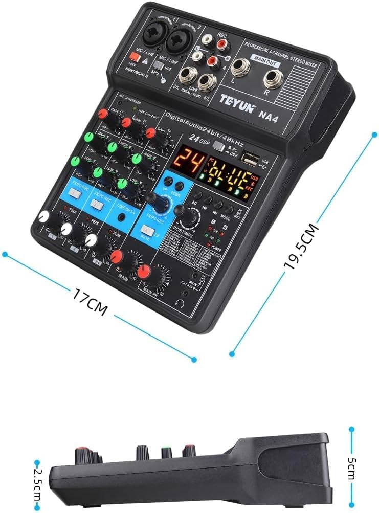 Mixer compacto TEYUN NA4 com dimensões 17x19,5x5cm, 4 canais e phantom power 48V