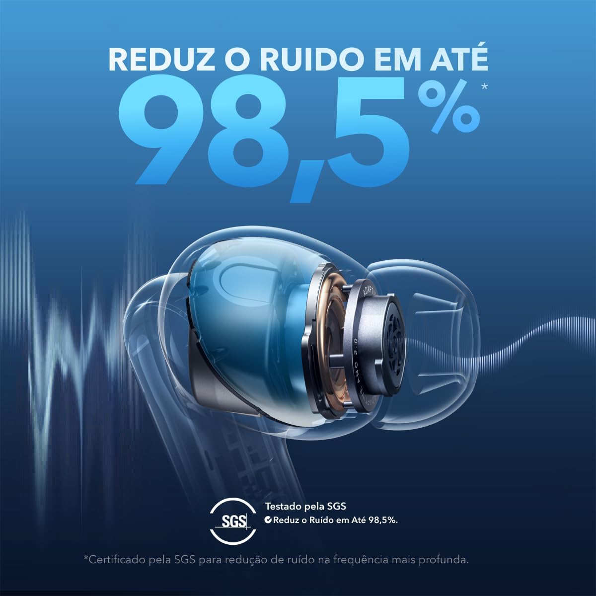 Demonstração da redução de ruído em até 98,5% dos fones soundcore Liberty 4 NC com certificação SGS