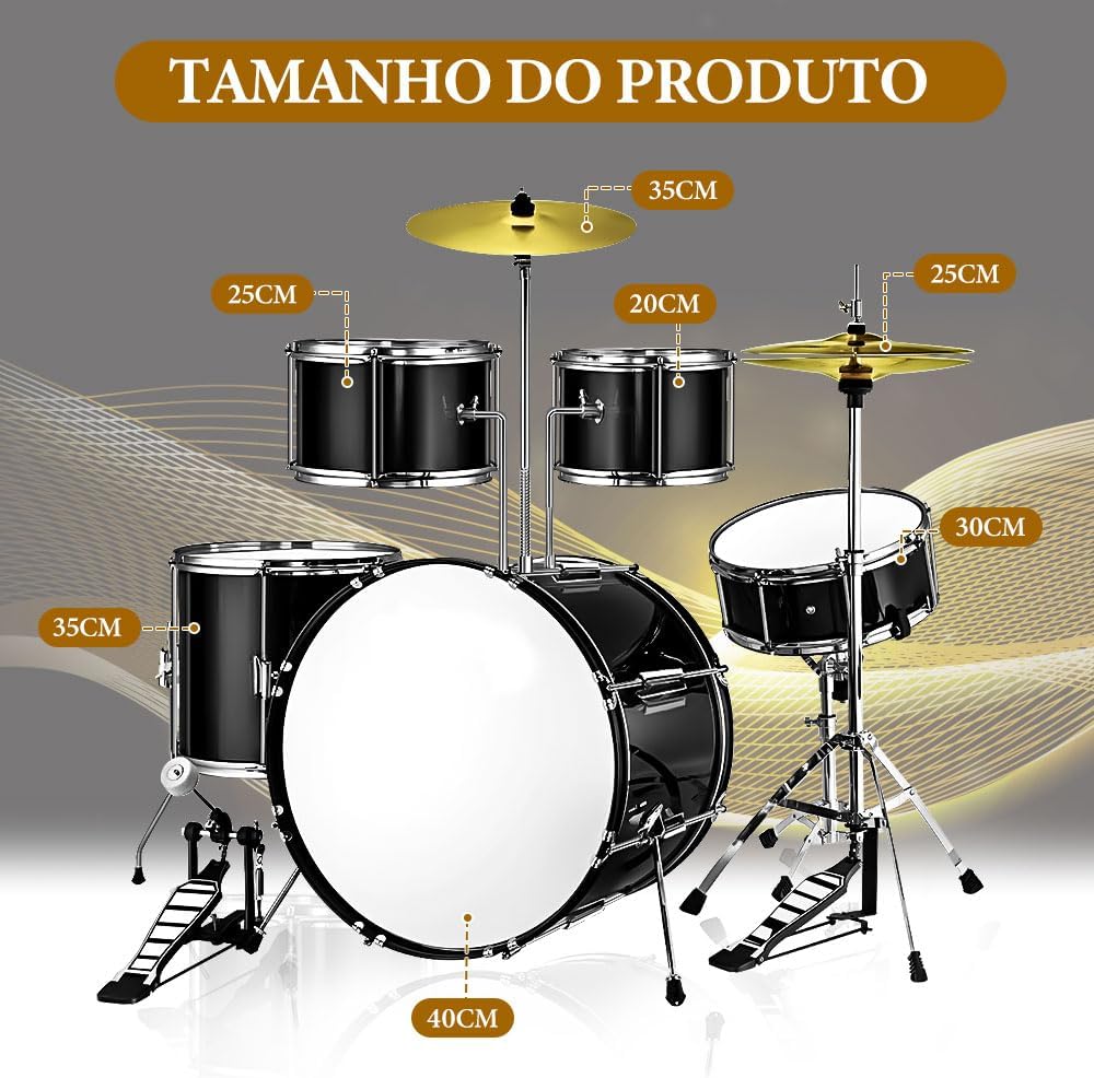 Dimensões da bateria Darhan 2T preta cromada mostrando tamanho dos tambores e pratos.
