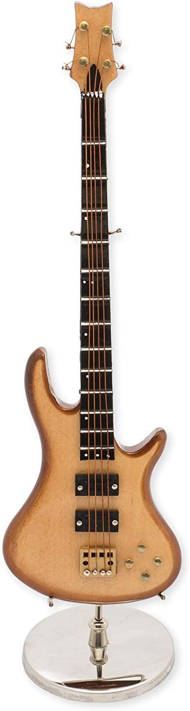 Miniatura de guitarra elétrica de baixo dourada com braço preto e suporte prateado Broadway Gifts