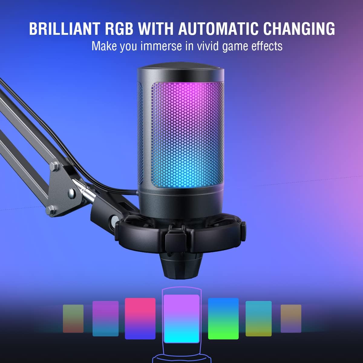Microfone FIFINE A6T com iluminação RGB automática e efeitos de cor vibrantes