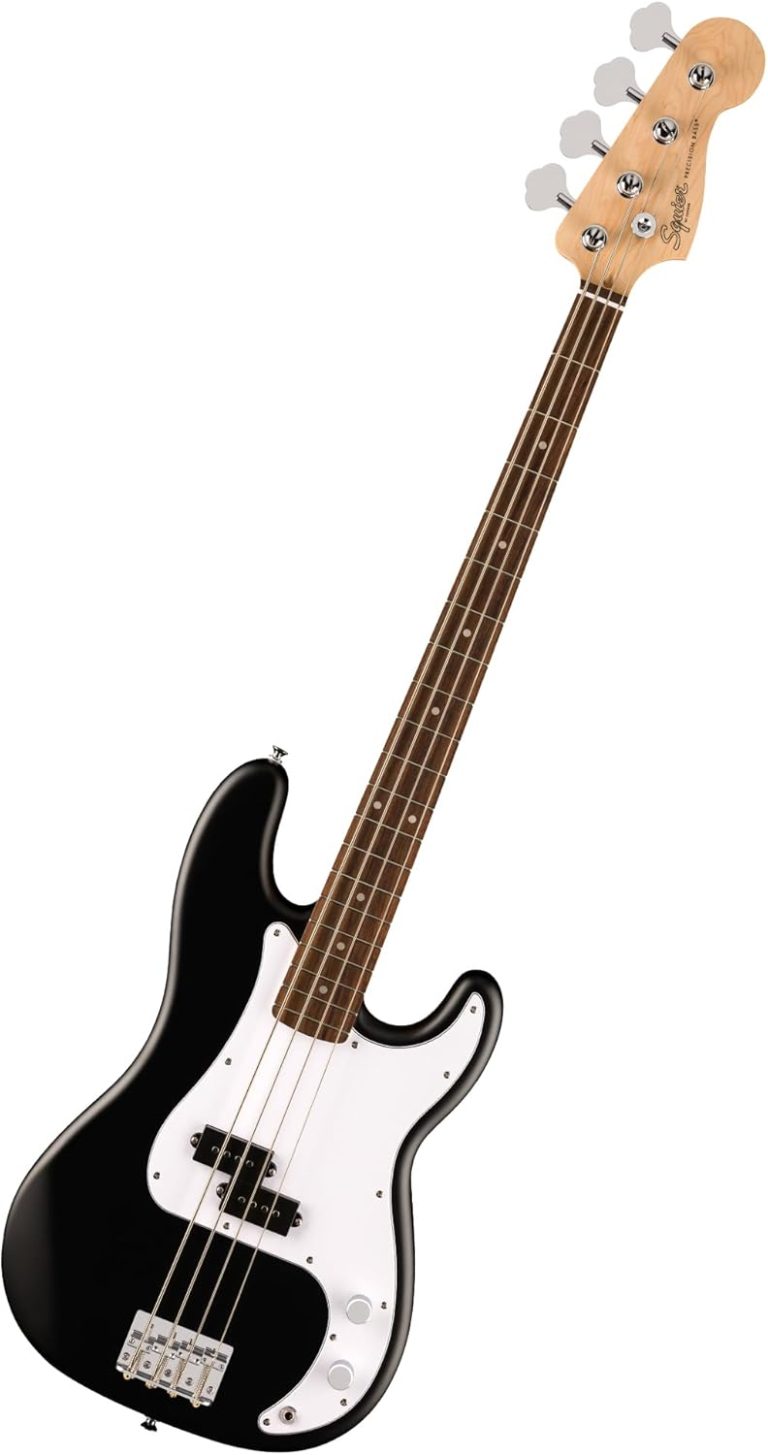 Contrabaixo Squier by Fender Precision Bass preto 4 cordas corpo fino e leve com captador split single coil e controles de volume e tom