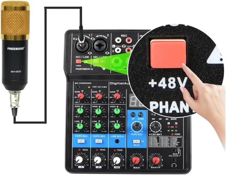 Mixer compacto TEYUN NA4 com 4 canais, phantom power 48V, entradas XLR e line, efeitos digitais 24 DSP