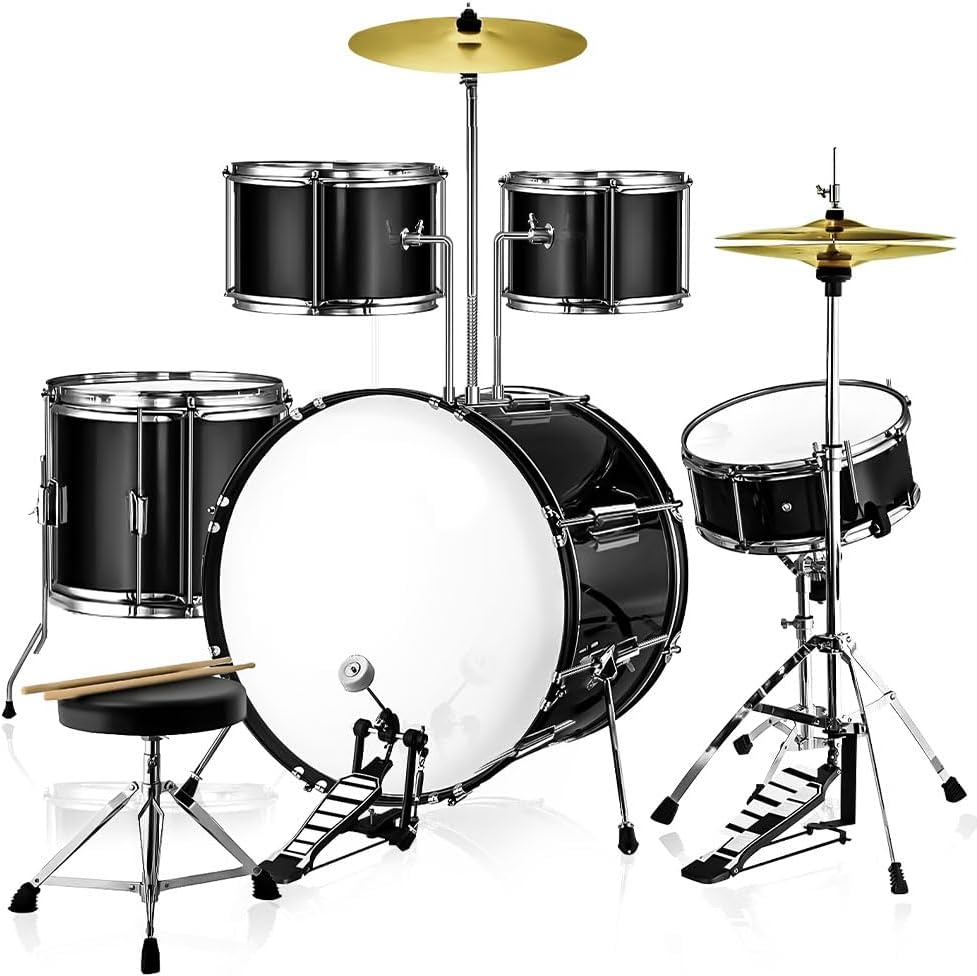 Bateria acústica Darhan 2T preta cromada com banco e baquetas, conjunto completo com bumbo, tons, caixa e pratos dourados.