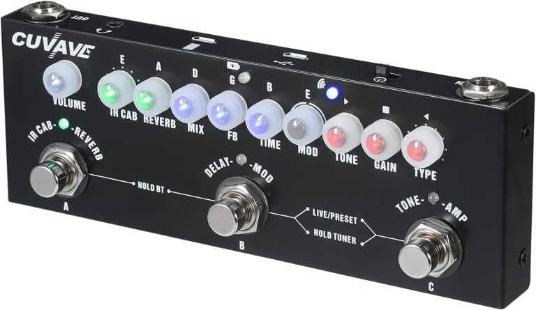 Pedal de efeitos portátil para guitarra Mibee CUBE BABY preto com botões iluminados e três pedais metálicos