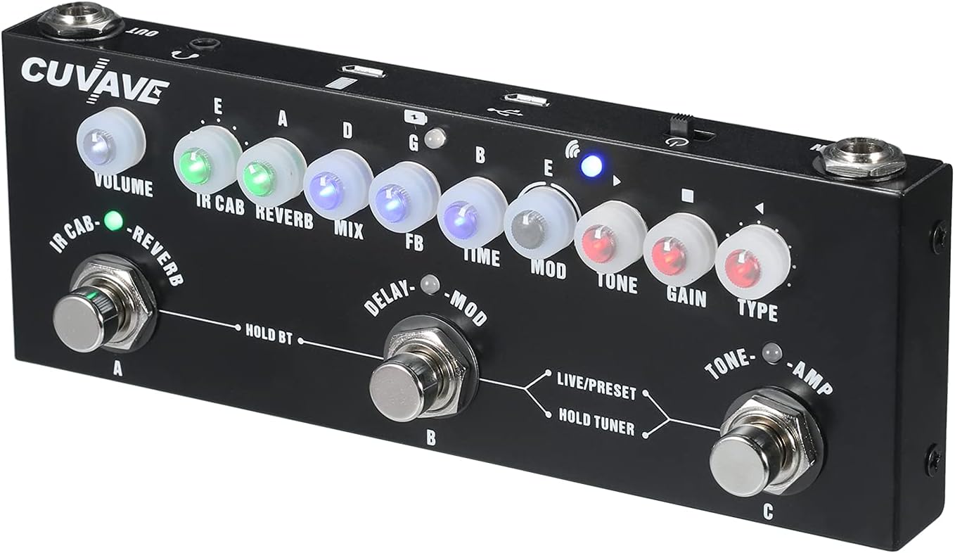 Pedal de efeitos portátil para guitarra Mibee CUBE BABY preto com botões iluminados e três pedais metálicos