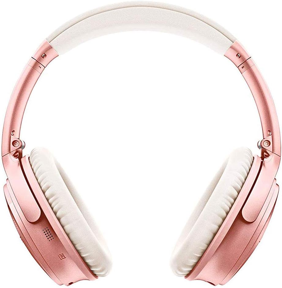 Fone de ouvido Bose QuietComfort 35 II rosa com almofadas brancas visto de frente.