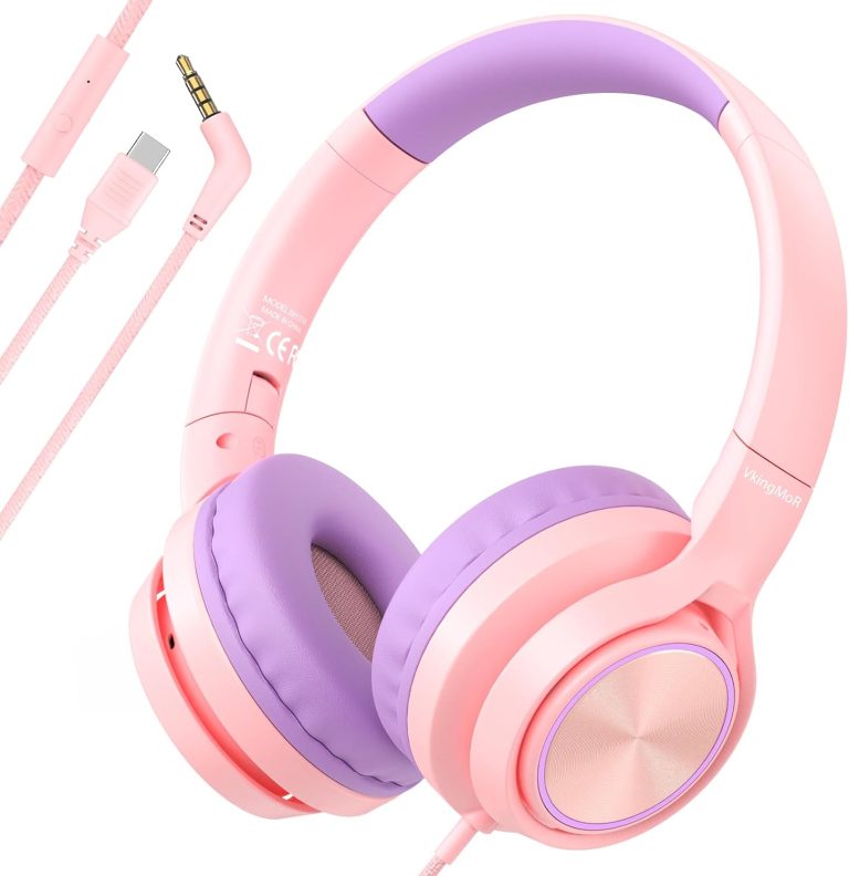 Fones de ouvido infantis VkingMoR rosa com microfone e conexão USB-C e 3,5mm
