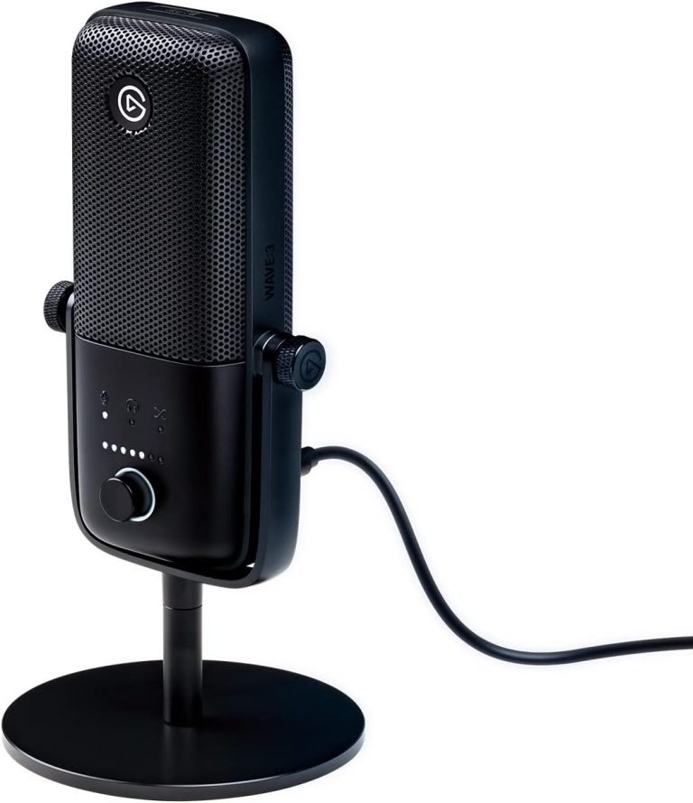 Microfone condensador USB Elgato Wave 3 preto com suporte e controle frontal em fundo branco