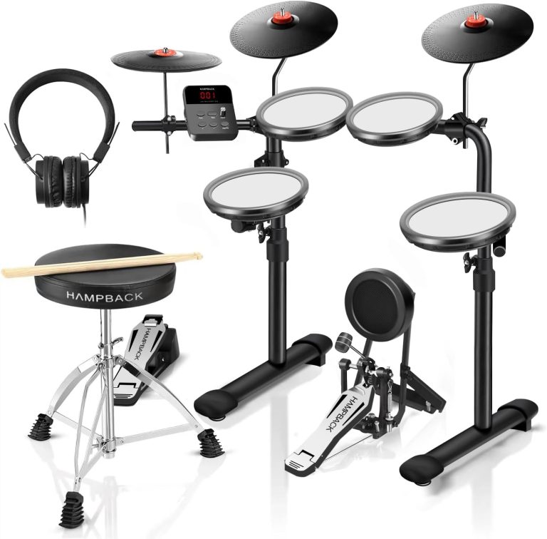 Bateria eletrônica HAMPBACK MK-0 PRO com pads de malha, bumbo ultradurável, pedal e banco ajustável em ambiente branco.