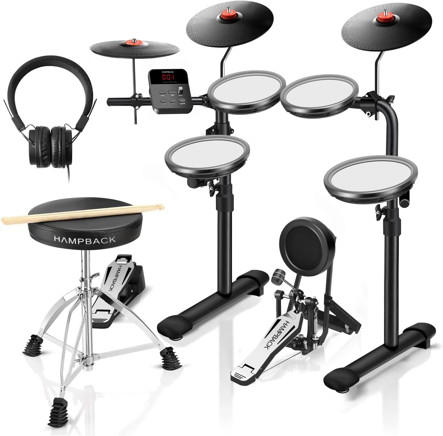 Bateria eletrônica HAMPBACK MK-0 PRO com pads de malha silenciosos e acessórios completos em fundo branco
