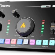 Placa de som profissional MAONO canal duplo com USB 2.0 e controle de ganho preta com botões coloridos e LED indicador