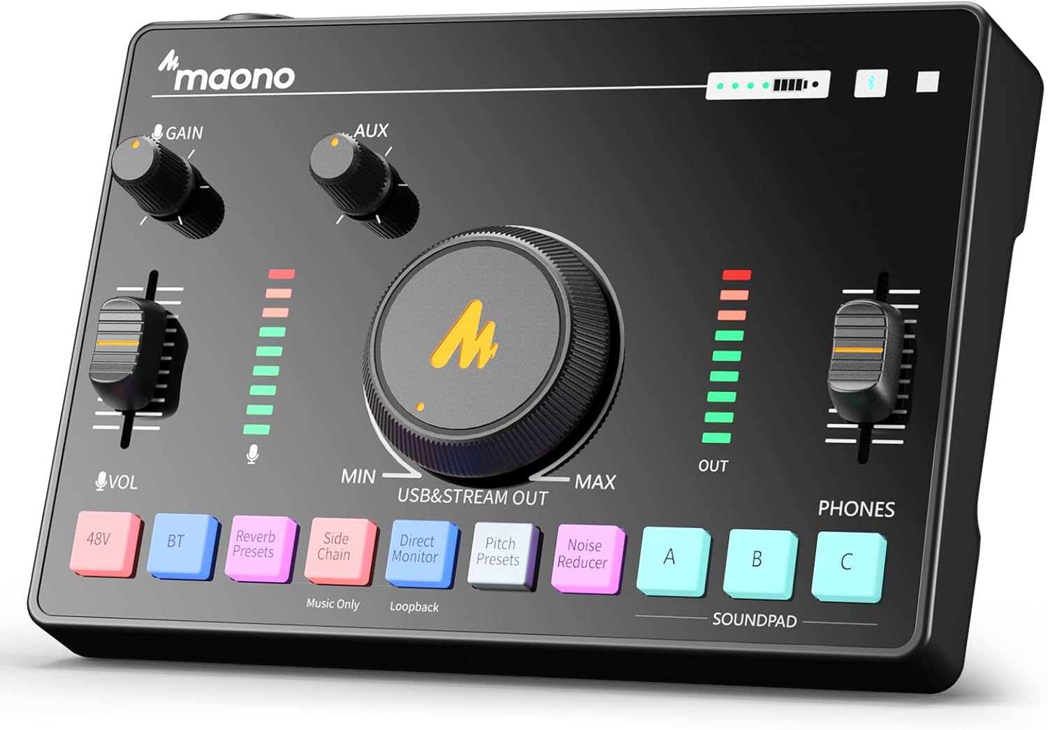Placa de som profissional MAONO canal duplo com USB 2.0 e controle de ganho preta com botões coloridos e LED indicador