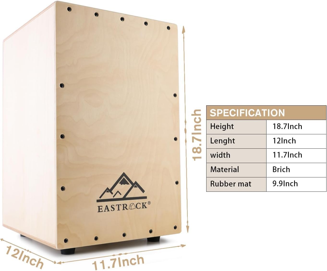 Especificações do cajon EASTROCK em madeira bétula com dimensões e tapete de borracha.