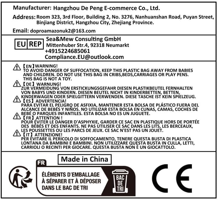 Etiqueta de fabricante e aviso de segurança para produto com certificação CE e informações de contato
