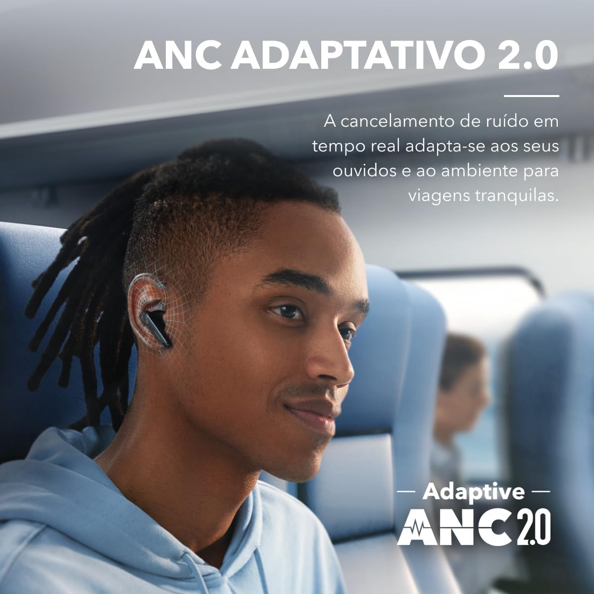 Homem usando fone soundcore Liberty 4 NC com tecnologia ANC Adaptativo 2.0 para cancelamento de ruído