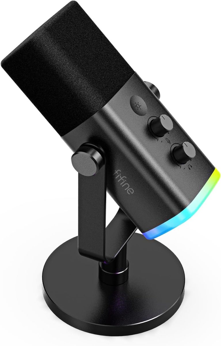 Microfone dinâmico FIFINE AM8 preto com conexão USB/XLR e iluminação RGB para streaming