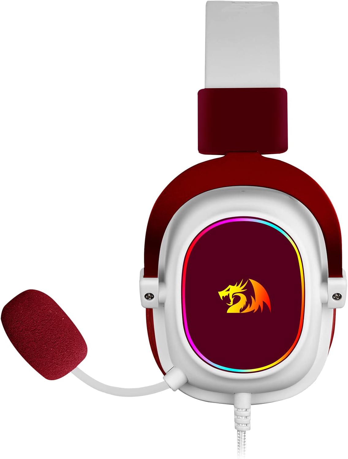 Lado do headset Redragon Zeus X com iluminação RGB, microfone e logo de dragão em amarelo.